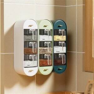 Wall Mounted Spice Box, Spice Organizer, 3 Spoons and 2 Stickers Attached Grids Clear Seasoning Box with Handle